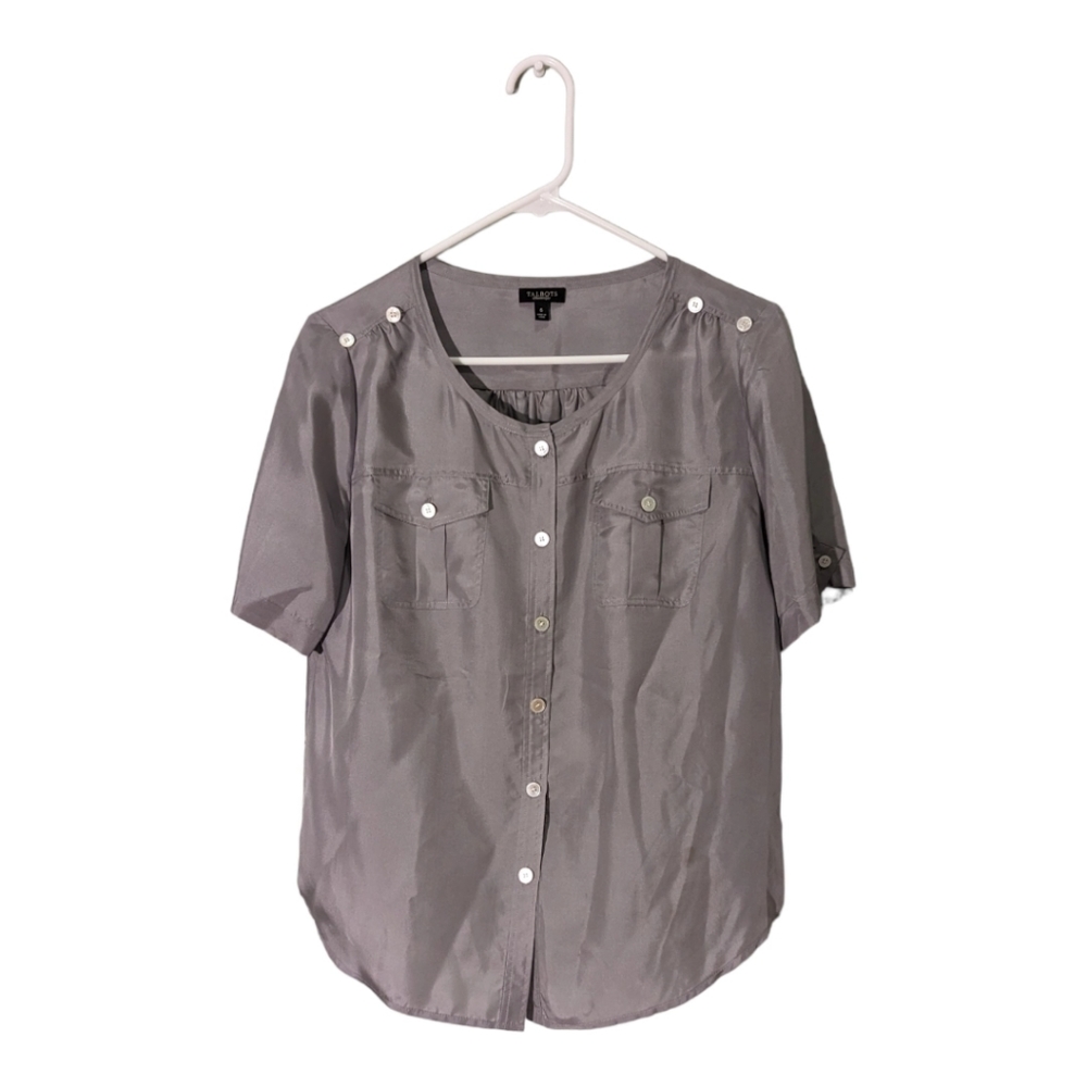 Talbots Grey Silk Button‎ Down Blouse Sz 6 Petite